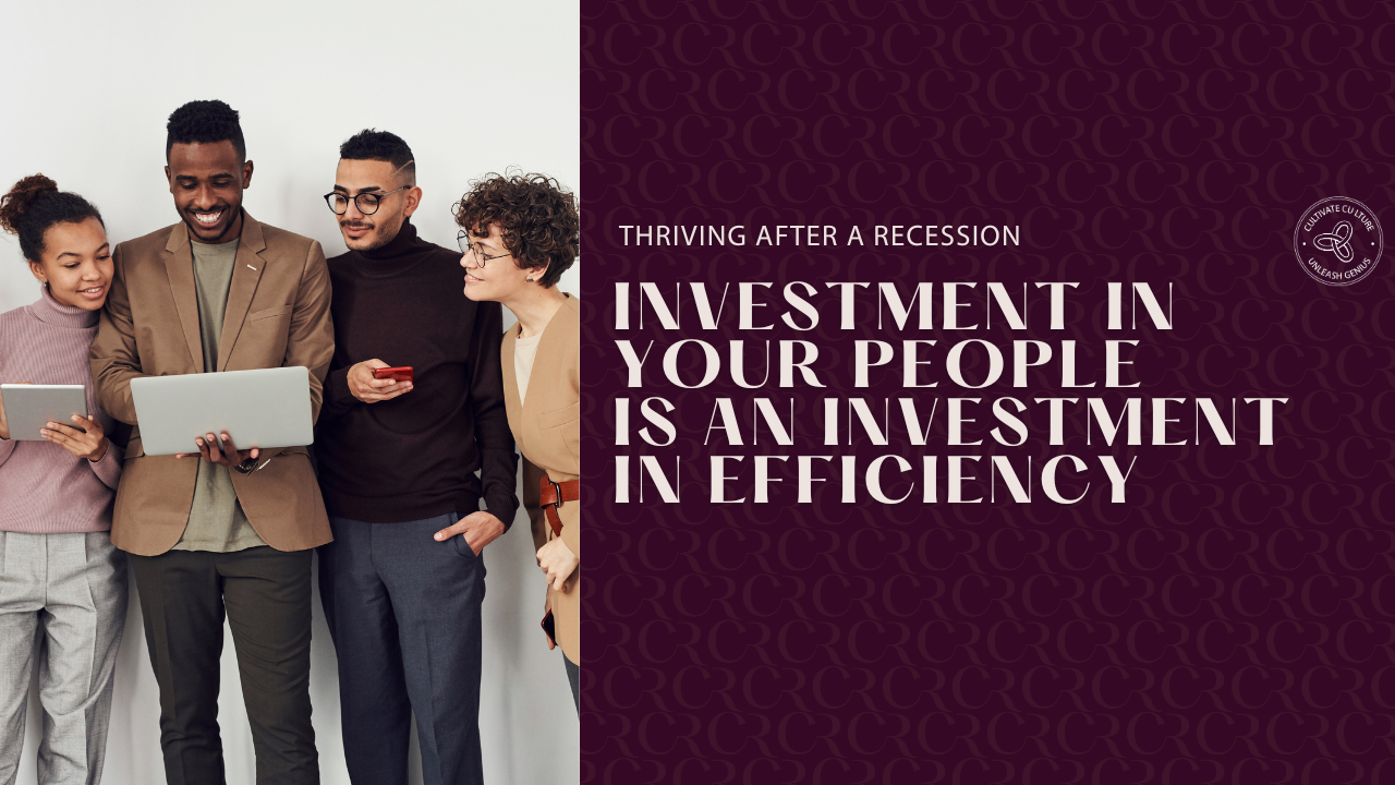 Four employees of mixed races looking at a computer discussing strategies to help their business survive a recession